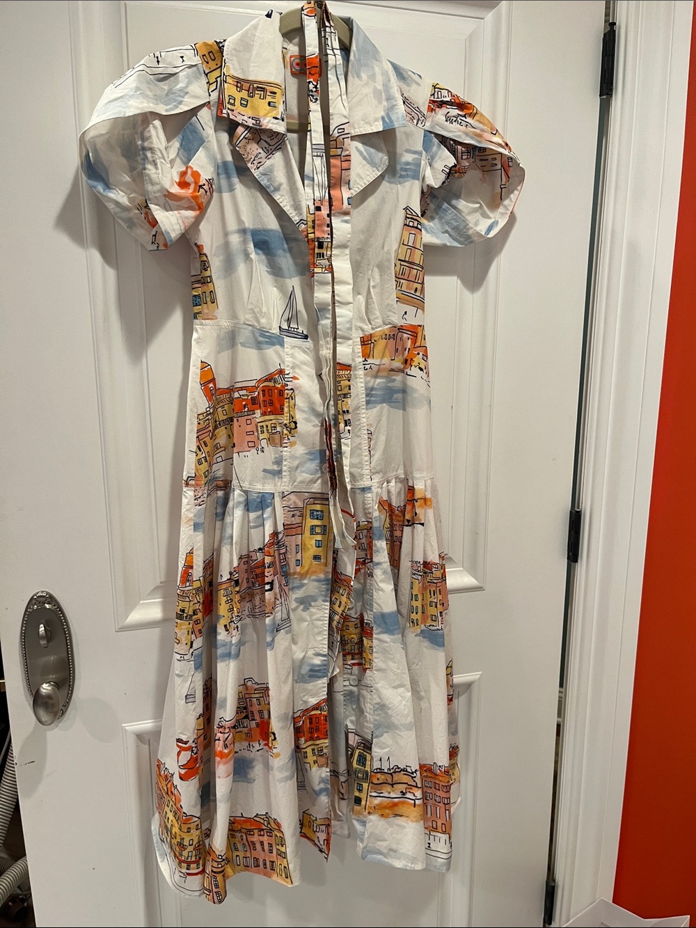 Printed Button-Front Midi Dress in White with Orange & Blue Scenic Print